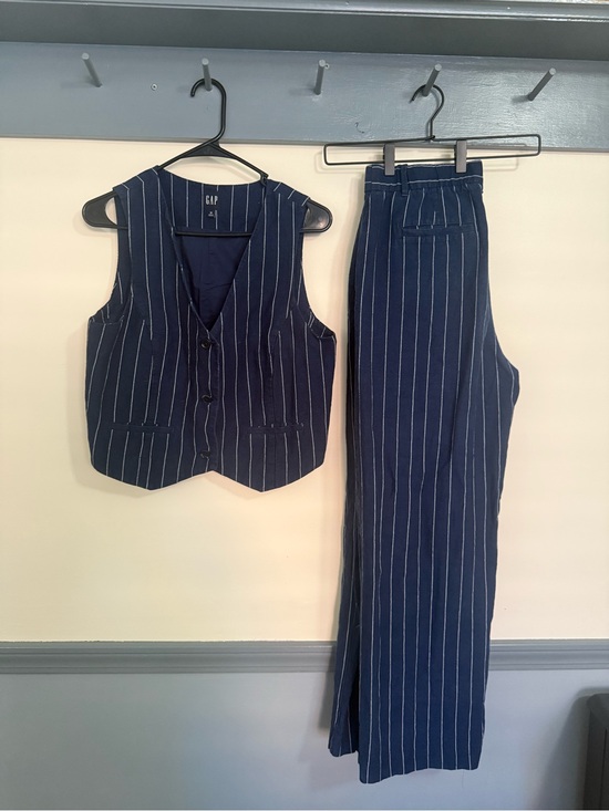 GAP Pants - GAP Linen Blend Navy Pinstripe Matching Vest & Wide Leg Pant Set | Size M/8